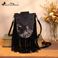 Trinity Ranch Genuine Hair-On Cowhide Tooled Fringe Crossbody Bag