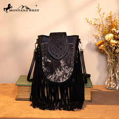 Trinity Ranch Genuine Hair-On Cowhide Tooled Fringe Crossbody Bag