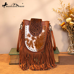 Trinity Ranch Genuine Hair-On Cowhide Tooled Fringe Crossbody Bag