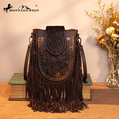 Trinity Ranch Genuine Hair-On Cowhide Tooled Fringe Crossbody Bag