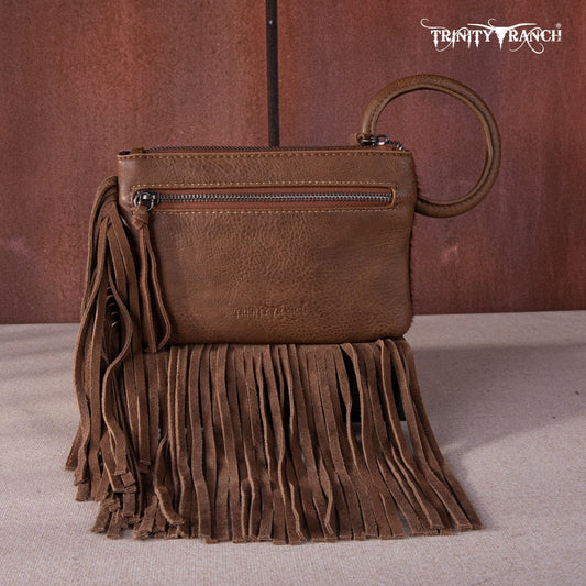 TR167-A181 Trinity Ranch Genuine Hair-On Cowhide Ring Handle Wristlet Clutch Bag - Brown