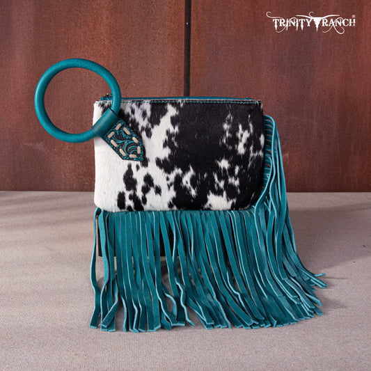 TR167-A181 Trinity Ranch Genuine Hair-On Cowhide Ring Handle Wristlet Clutch Bag - Turquoise