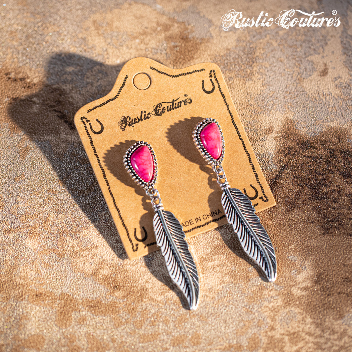 Rustic Couture's Hot Pink Nature Stone with Feather Silver Dangling Earring - Cowgirl Wear