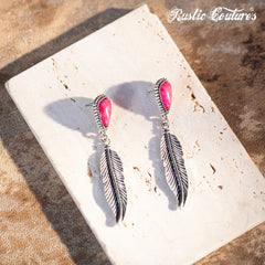 Rustic Couture's Hot Pink Nature Stone with Feather Silver Dangling Earring - Cowgirl Wear