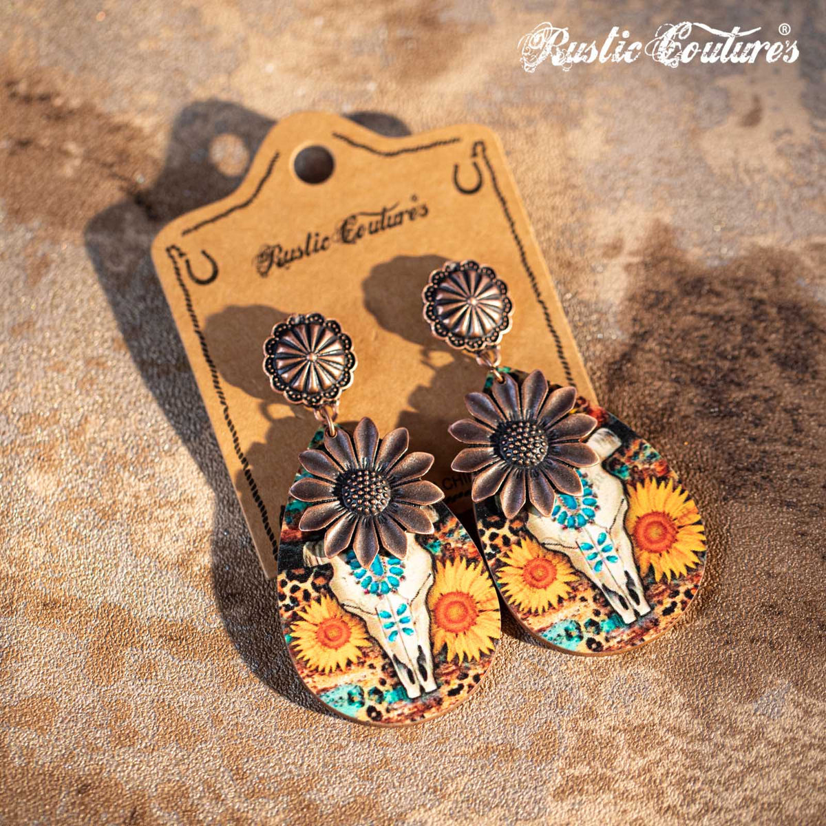 Rustic Couture's Sunflower with Skeleton Ram Head Wooden Dangling Earring