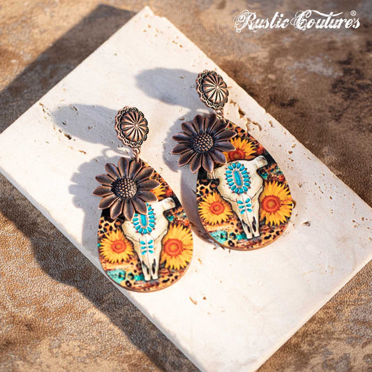 Rustic Couture's Sunflower with Skeleton Ram Head Wooden Dangling Earring