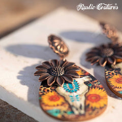 Rustic Couture's Sunflower with Skeleton Ram Head Wooden Dangling Earring