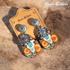 Rustic Couture's Sunflower with Skeleton Ram Head Wooden Dangling Earring