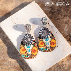 Rustic Couture's Sunflower with Skeleton Ram Head Wooden Dangling Earring