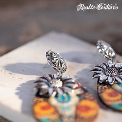 Rustic Couture's Sunflower with Skeleton Ram Head Wooden Dangling Earring