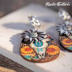 Rustic Couture's Sunflower with Skeleton Ram Head Wooden Dangling Earring