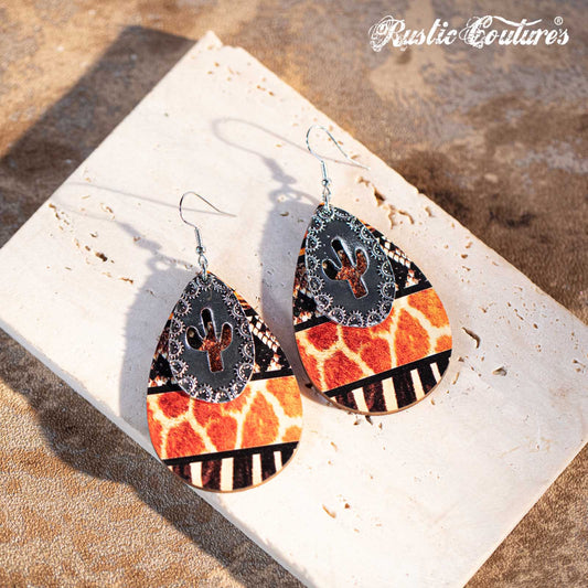 Rustic Couture's Cacus Hollow Out with Wooden Teardrop Shape Earring