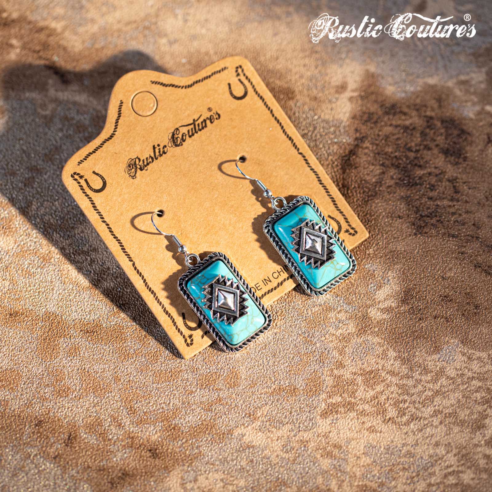 Rustic Couture's Bohemian Rectangular Block Synthetic Turquoise Earring