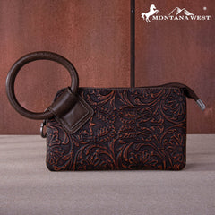 MW1260-B181 Montana West Floral Tooled Ring Handle Wristlet Clutch Bag