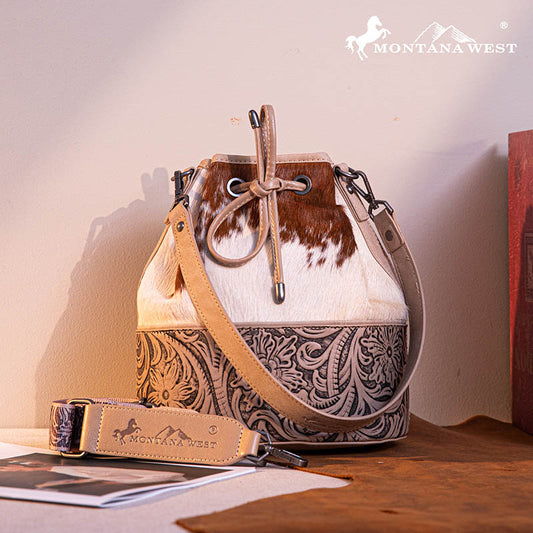 Montana West Cowhide Tooled Bucket Bag