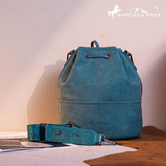 Montana West Cowhide Tooled Bucket Bag