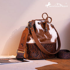 Montana West Cowhide Tooled Bucket Bag