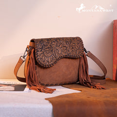 MW1274-8360 Montana West Tooled Saddle Fringe Crossbody - Brown