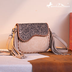 MW1274-8360 Montana West Tooled Saddle Fringe Crossbody - Tan