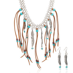 Rustic Couture's® Bohemian Leather Feather Tassel Necklace Earrings Set