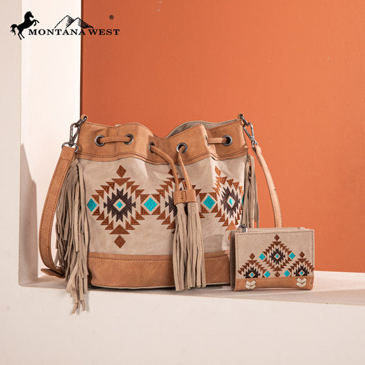 Montana West Aztec Fringe Bucket Bag Set