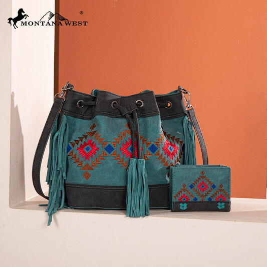 Montana West Aztec Fringe Bucket Bag Set