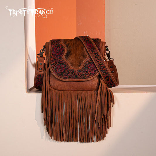 Trinity Ranch Genuine Hair-On Cowhide Tooled Fringe Crossbody Bag