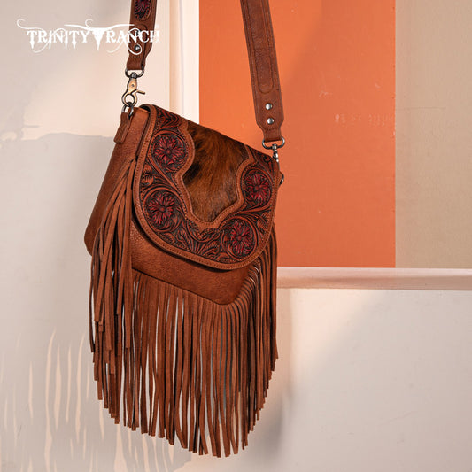 Trinity Ranch Genuine Hair-On Cowhide Tooled Fringe Crossbody Bag