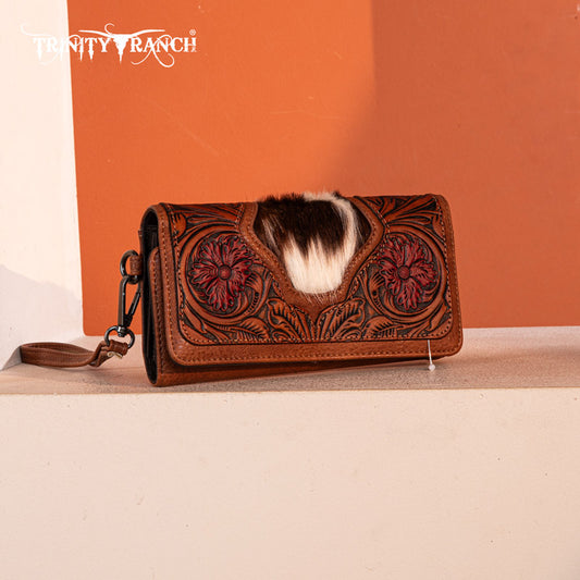 Trinity Ranch Floral Tooled and Hair-On Cowhide Collection Wallet