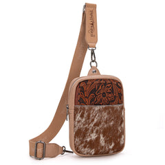 TR179-185 Trinity Ranch Genuine Hair-On Cowhide Tooled Sling Bag