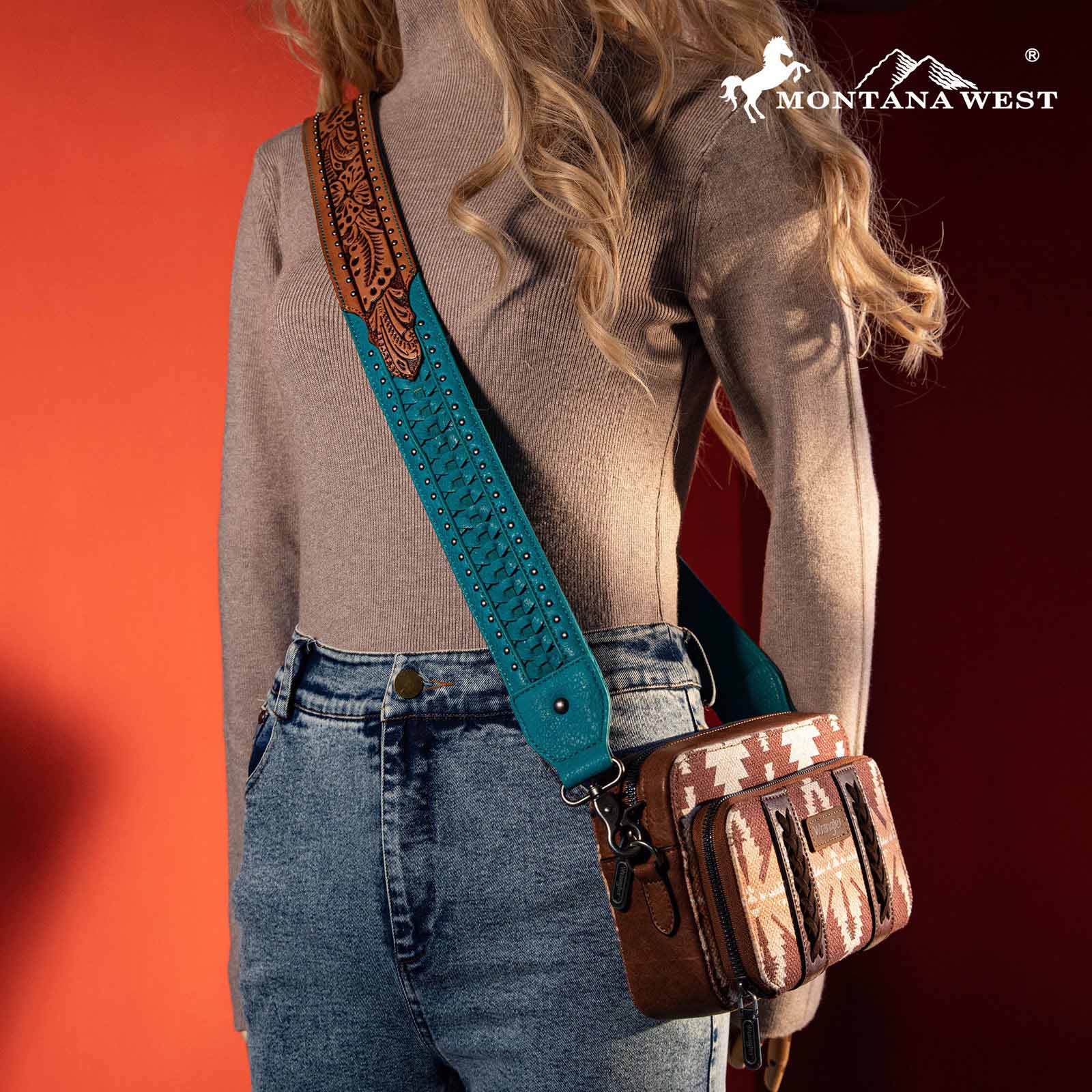 Montana West Western Guitar Style Floral Tooled Crossbody Strap - Turquoise