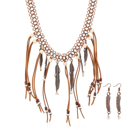 Rustic Couture's® Bohemian Leather Feather Tassel Necklace Earrings Set