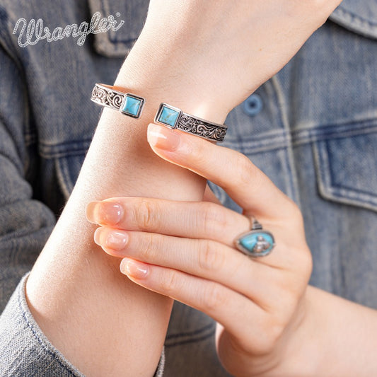 Wrangler Silver Western Natural Stone Engraved Cuff Bracelet
