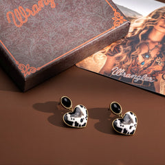 Wrangler Gold Cow Print Heart Shape Dangling Earrings