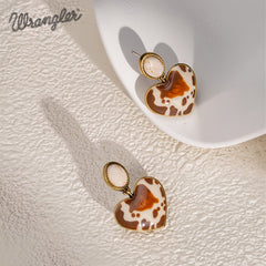 Wrangler Gold Cow Print Heart Shape Dangling Earrings