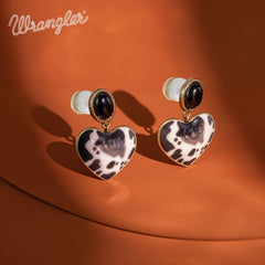 Wrangler Gold Cow Print Heart Shape Dangling Earrings