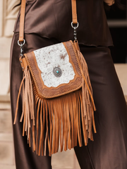 Montana West Genuine Leather Tooled Collection Fringe Crossbody