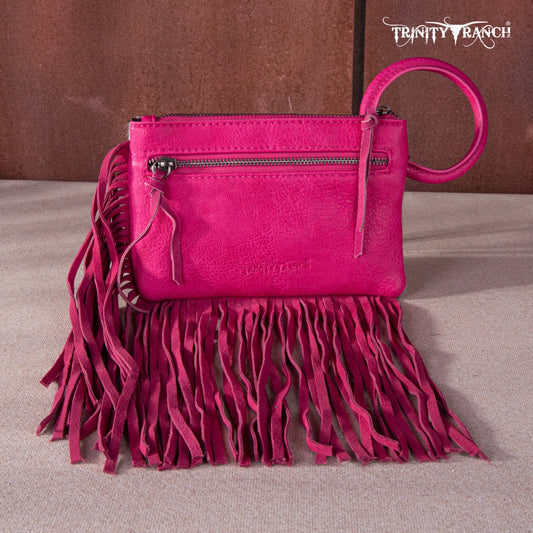 TR167-A181 Trinity Ranch Genuine Hair-On Cowhide Ring Handle Wristlet Clutch Bag - Hot Pink