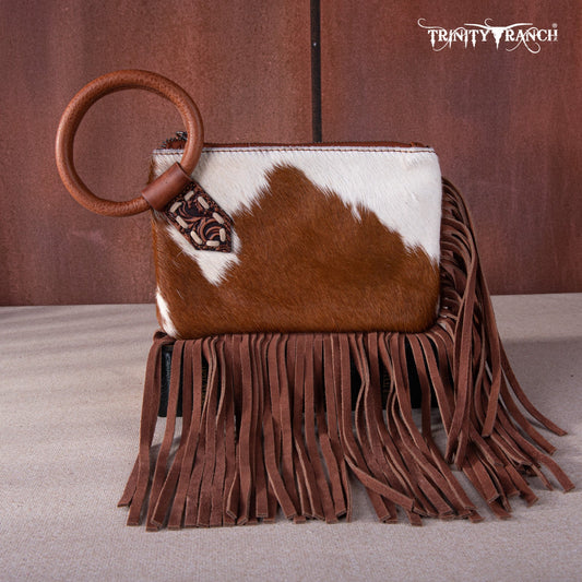 TR167-A181 Trinity Ranch Genuine Hair-On Cowhide Ring Handle Wristlet Clutch Bag - Oak