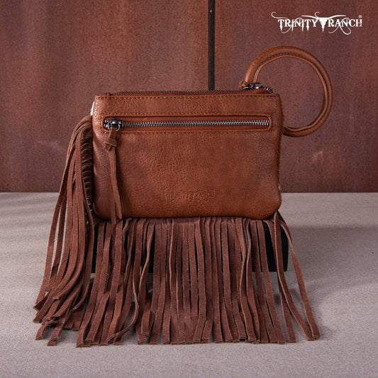 TR167-A181 Trinity Ranch Genuine Hair-On Cowhide Ring Handle Wristlet Clutch Bag - Oak