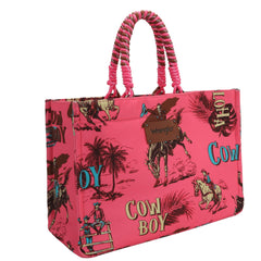 WG284-8119D  Wrangler COWBOY  Dual Sided Print Canvas Wide Tote - Hot Pink