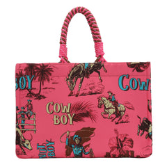 WG284-8119D  Wrangler COWBOY  Dual Sided Print Canvas Wide Tote - Hot Pink