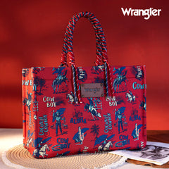 WG284-8119D  Wrangler COWBOY  Dual Sided Print Canvas Wide Tote - Red