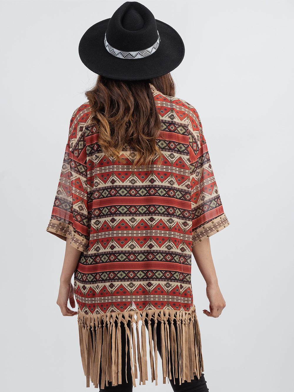 Delila Women Tassel “Aztec” Graphic ¾ Sleeve Kimono - Cowgirl Wear