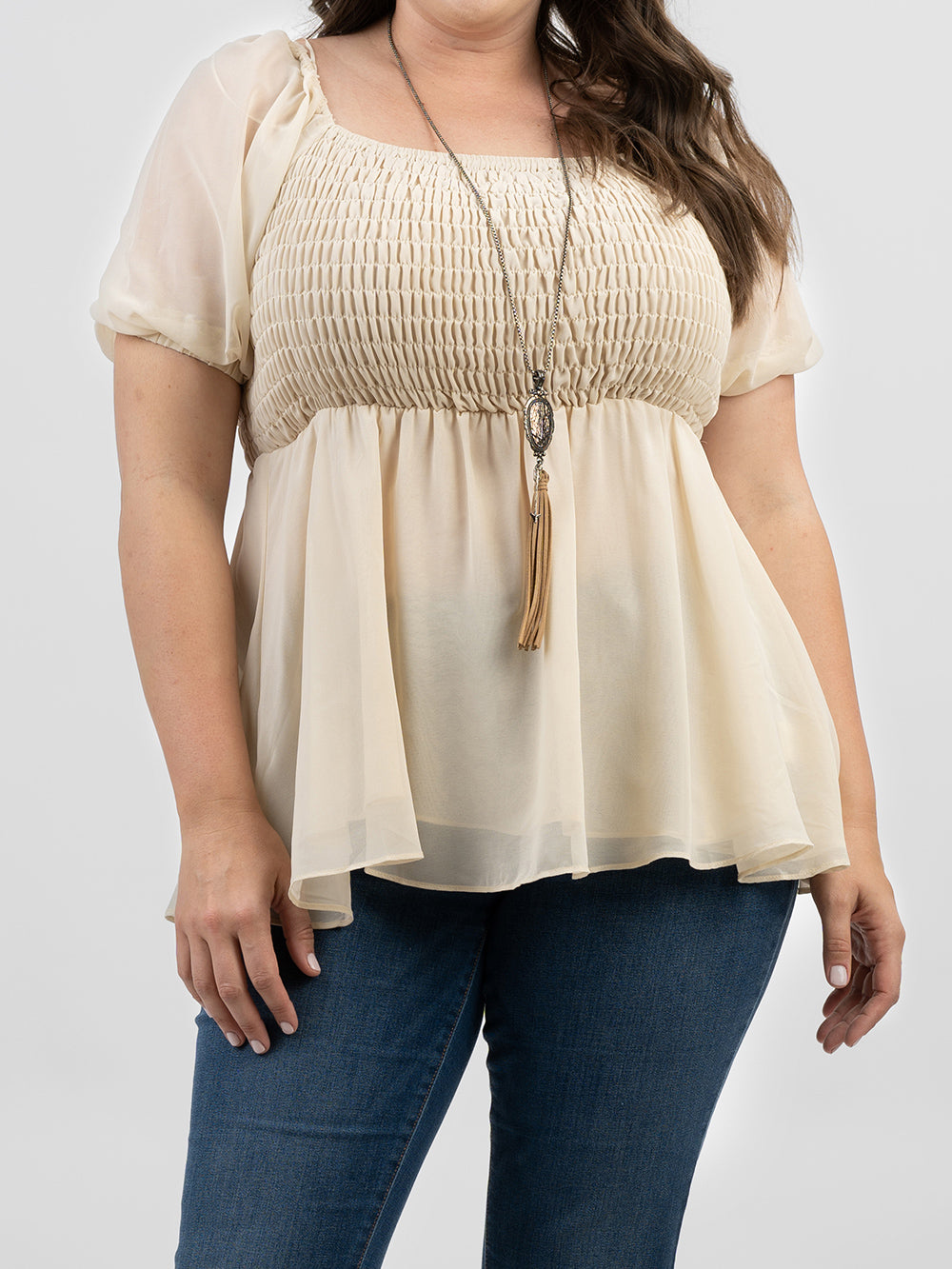 Plus Size Women Pearl Chiffon Ruched Tiered Short Puff Sleeve Top - Cowgirl Wear