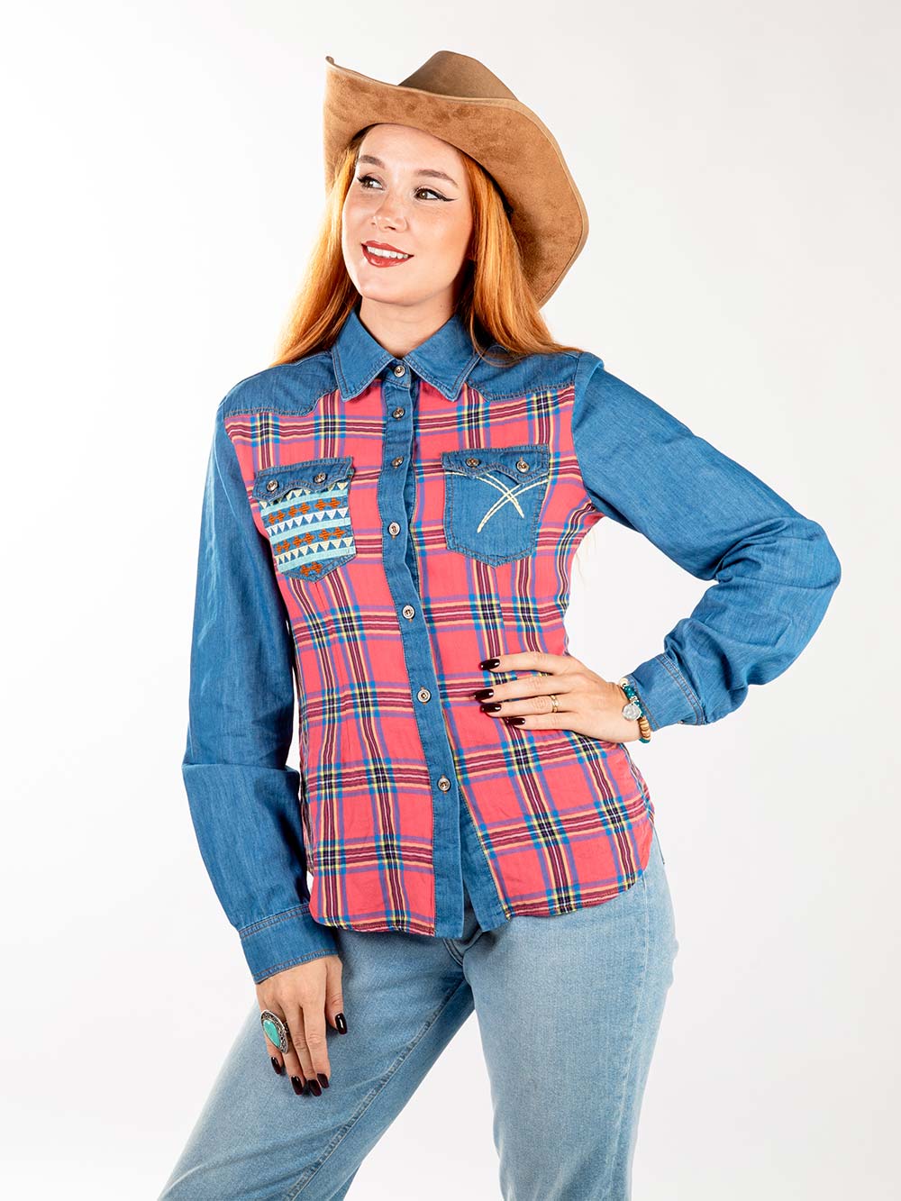 Montana West Patchwork Plaid Embroidered Long Sleeve Chambray Shirt - Cowgirl Wear