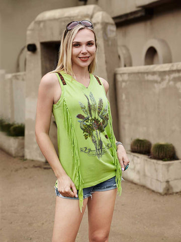 Women's Mineral Wash Retro Bull Sleeveless Fringe Top - Cowgirl Wear