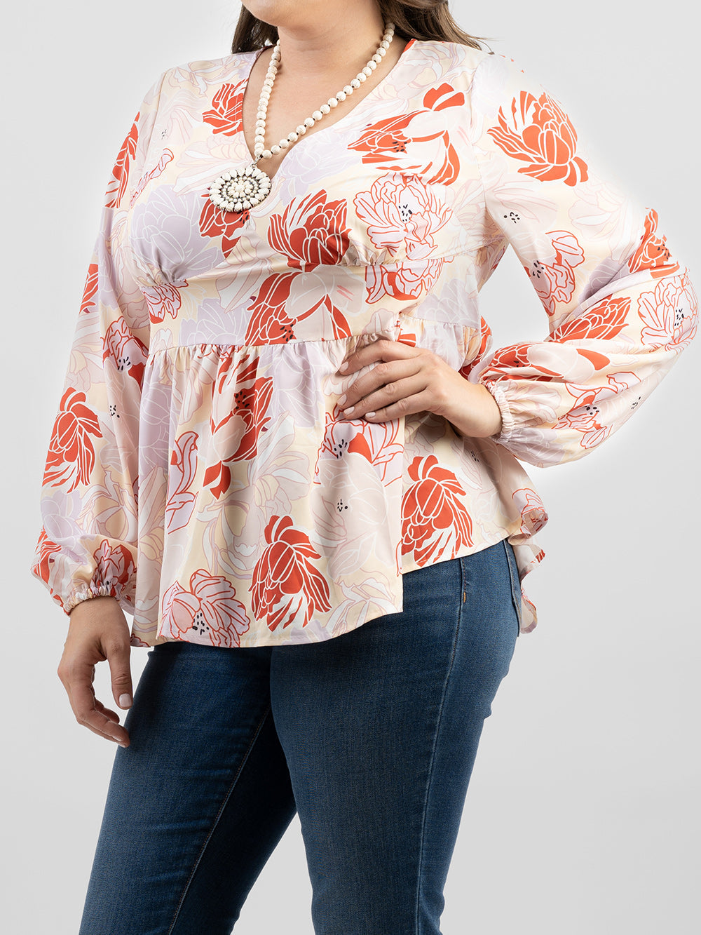 Plus Size Women Floral Print Puff Sleeves High Waist Blouse - Cowgirl Wear