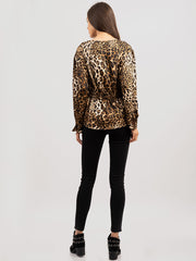 Women's Leopard Print Shirt Sleeve Drawstring Blouse - Cowgirl Wear