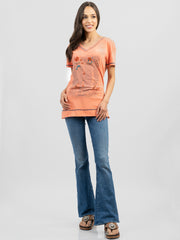 Women's Mineral Wash Western Shirt Graphic Short Sleeve Tee - Cowgirl Wear